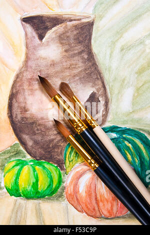 Pinceaux et aquarelles peinture sur l'arrière-plan. Banque D'Images