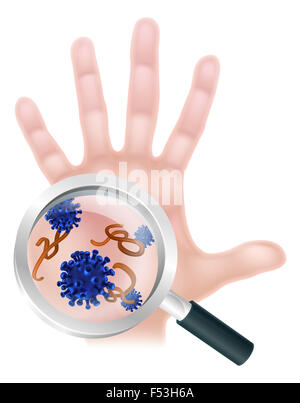 Le lavage des mains virus bactéries loupe concept d'une loupe Zoom sur les bactéries ou virus sur cellules un un han Banque D'Images