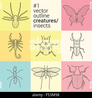 Vector icons set insectes, bugs collection kit contour contour. L'inscription badge illustration eps planimétrique créatures des araignées, scorp Illustration de Vecteur