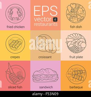 Vector set icônes contours : Poulet frit, du poisson, des crêpes avec sirop, de croissants, de fruits, tranches de poisson, sandwich, kebab. Picto Illustration de Vecteur