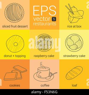 Contour du vecteur alimentaire icônes, restaurant, catering : fruits coupés dessert beignet topping, gâteaux aux fruits rouges, biscuits, cof Illustration de Vecteur