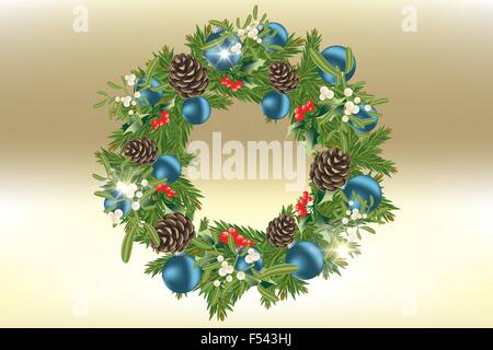 Décorées couronne de Noël avec le houx, le gui, pomme de pin, bleu boules de Noël sur un fond doré brillant Illustration de Vecteur