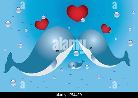 Belle carte avec des baleines et les cœurs de la famille - Valentine's Day card Illustration de Vecteur
