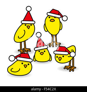 Cinq poussins jaune mignon wearing Santa Hats regardant fixement vers l'appareil photo sur fond blanc Banque D'Images