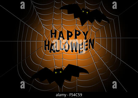 Happy Halloween text accroché au milieu d'une toile d'araignée, avec deux chauves-souris effrayant, volant sur gradient background Banque D'Images