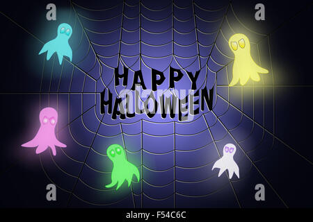 Spider web avec Happy Halloween text au milieu, avec des fantômes volant autour d'elle, sur fond bleu à bleu foncé gradient background Banque D'Images