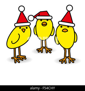 Trois Poussins jaune Cool porter du rouge Santa Hats regardant fixement vers l'appareil photo sur fond blanc Banque D'Images