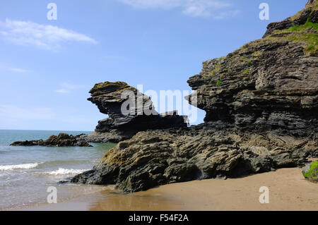 Des affleurements rocheux sur un côté de la plage de Llangrannog dans Ceredigion. Banque D'Images