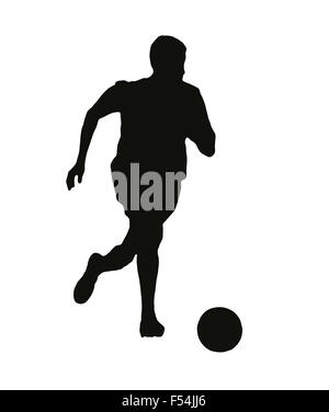 Silhouette d'un jeune homme qui court avec un ballon de soccer, isolated on white Banque D'Images