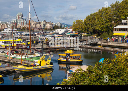 Le port de Victoria avec des bateaux d'observation des baleines et d'un traversier de passagers jaune, British Columbia, canada Banque D'Images