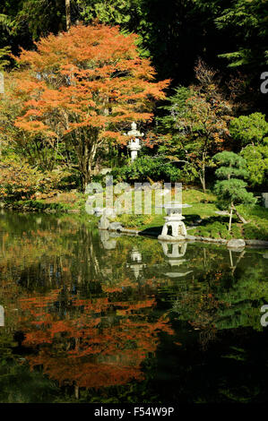 Étang et lanternes en pierre japonaises dans le jardin commémoratif de Nitobe, Université de la Colombie-Britannique, Vancouver, Canada Banque D'Images