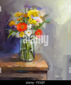 Peinture à l'huile blanc, rouge et jaune des fleurs dans vase en verre vase en verre Banque D'Images