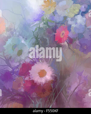 Résumé peinture de fleur.Vase avec ascenseur toujours bouquet de fleurs Vintage peinture à l'huile Banque D'Images