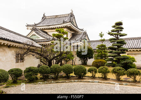 Le Japon, château de Wakayama. L'intérieur composé, appelé le Honmaru avec l'angle de deux étages Inui yagura, tourelle. Les arbres japonais paysagers à l'avant. Banque D'Images