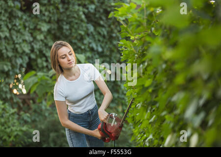 Jeune femme découpe avec hedge clipper at yard Banque D'Images