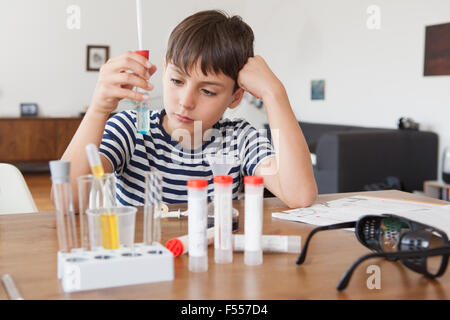Boy looking at test tube tout en faisant l'expérience de la science à la maison Banque D'Images