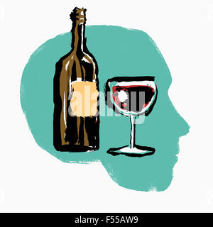 Illustration de la bouteille de vin rouge et le verre dans la tête humaine contre fond blanc Banque D'Images