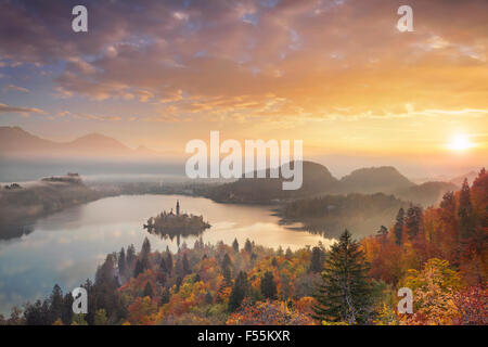 L'automne Le lac de Bled. Le lac de Bled avec l'église Sainte-Marie de l'assomption sur la petite île. Bled, Slovénie, Europe.. Banque D'Images