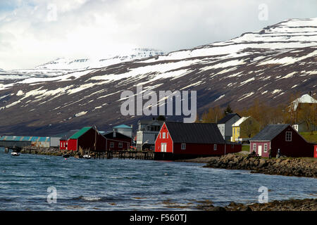 Maisons de pêcheur traditionnel le long de la côte Est de l'Islande Eskifjörður Banque D'Images