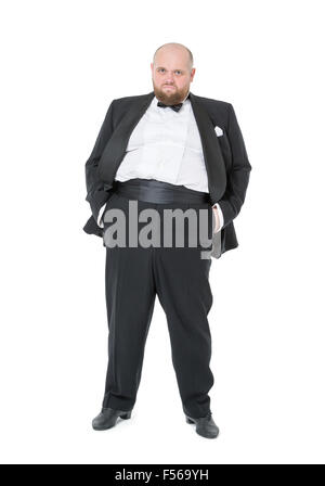 Jolly Fat Man in Tuxedo and Bow tie montre des émotions, sur fond blanc Banque D'Images