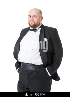 Jolly Fat Man in Tuxedo and Bow tie montre des émotions, sur fond blanc Banque D'Images