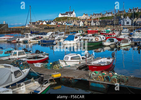 Vue de la Marina à Findochty sur le Moray Firth, avec l'église et les cabanes de pêcheurs dans l'arrière-plan. Banque D'Images