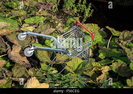 Un chariot de supermarché abandonné dans l'eau de Leith à Saughton, à Édimbourg. Banque D'Images