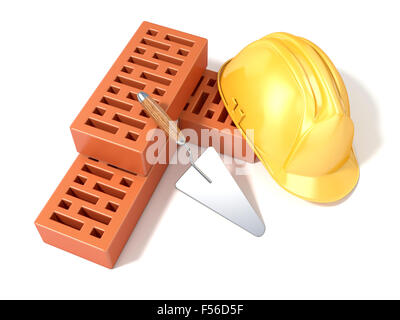 Casque de sécurité avec des briques perforées rectangulaires et truelle. Rendu 3D illustration, isolé sur fond blanc. Vue d'en haut Banque D'Images