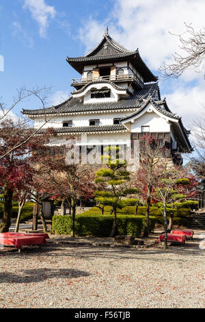 Le Japon, également connu sous le nom de château d'Inuyama Hakutei jo. Garder principal, tenshu, construit sur base en pierre de style nozurazumi. Les jardins japonais en face, ciel bleu derrière. Banque D'Images