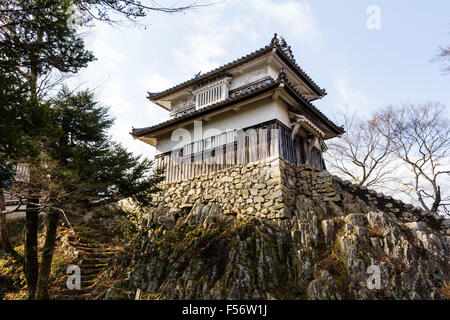 Le Japon, Takahashi. Bitchu Matsuyama Castle. Le Niju yagura, tour à deux niveaux, construit en haut d'un promontoire rocheux naturel avec des pierres étapes menant à l'arrière. Banque D'Images