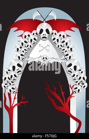 L'entrée dans le royaume de la mort - eps10 vector illustration avec des crânes et des ossements, ailes de chauve-souris, des faucilles et des arbres de sang Illustration de Vecteur