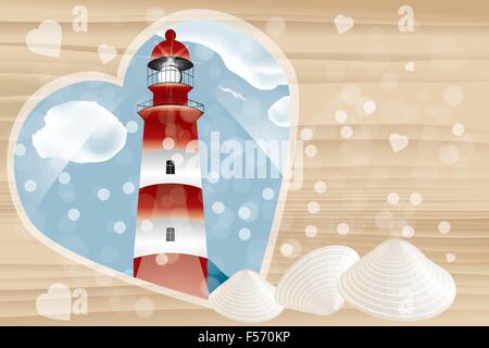 Maison de vacances modèle de carte sans texte avec phare encadrée par cœur sur fond de bois et de l'espace de copie - EPS 10 vector Illustration de Vecteur