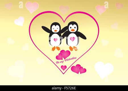 La Saint-Valentin - carte dessiné à la main avec cute couple de pingouins et les cœurs sur fond doré et lettres "be my valentine" Illustration de Vecteur