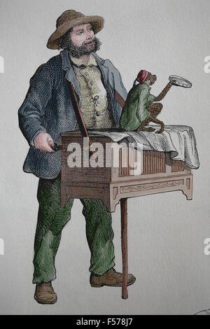 Un orgue de Barbarie avec un singe. La gravure. 19e siècle. La couleur. Banque D'Images