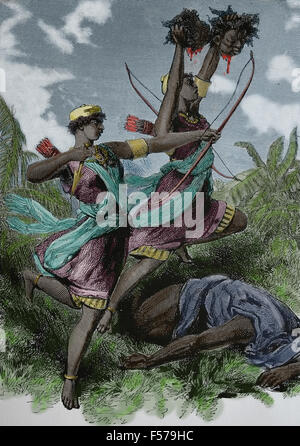 L'Afrique. Le Bénin. Femmes guerrières du roi de Gezu Dohomey. 1870. Les amazones du Dahomey. La gravure. Banque D'Images