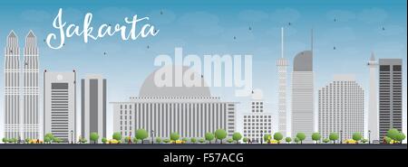 Jakarta skyline avec repères gris et bleu ciel. Vector illustration. Les voyages d'affaires et tourisme concept Illustration de Vecteur