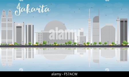 Jakarta skyline avec repères gris, ciel bleu et réflexions. vector illustration. Les voyages d'affaires et tourisme concept avec cop Illustration de Vecteur