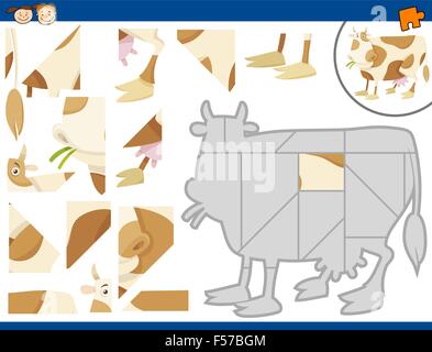 Cartoon Illustration du Puzzle éducatif pour les enfants d'âge préscolaire Tâche avec personnage animal vache ferme Illustration de Vecteur