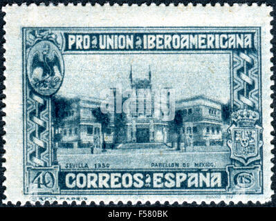 Timbre-poste imprimé en Espagne, dédié à l'Union européenne, de l'exposition hispano-américaine, Séville voir Pavillon du Mexique, vers 1930 Banque D'Images