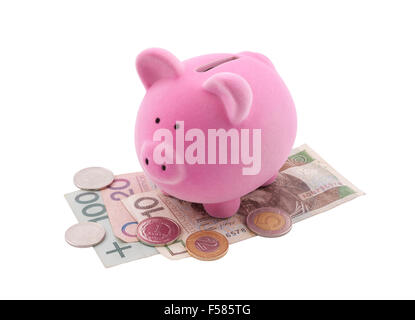 Piggy Bank on polish billets. Chemin de détourage inclus. Banque D'Images