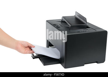 Complète le papier A4 dans une imprimante laser, isolated on white Banque D'Images