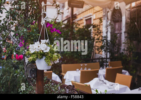 Terrasse de restaurant avec des fleurs Banque D'Images
