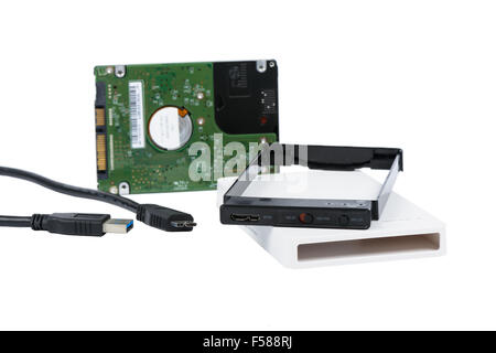 components of External Enclosure case and 2.5 inch Hard Disk Drive, isolated on white Banque D'Images