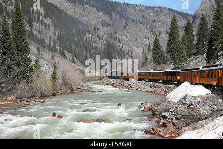 Le chemin de fer à vapeur à voie étroite de Durango à Silverton longeant la rivière Animas les montagnes de San Juan, Colorado, USA w Banque D'Images