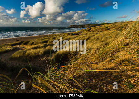 L'ammophile des graminées et des dunes de sable située à Baie de Holywell à Cornwall au cours de la lumière du soir près de coucher du soleil. Banque D'Images