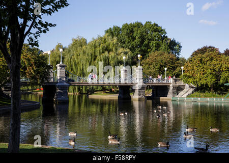 Les gens marcher sur un pont au-dessus d'un lac rempli de bernaches dans Boston Common, un parc public dans le centre de Boston, Massachusetts. Banque D'Images