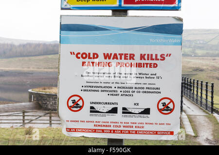 Un panneau d'avertissement d'interdiction de baignade à Butterley, réservoir près de Marsden, West Yorkshire, Angleterre Banque D'Images