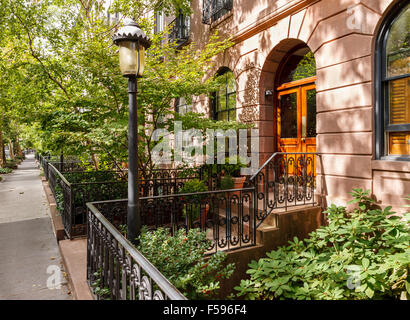 Chelsea, rue et ses maisons de ville et frontyards, Manhattan, New York City Banque D'Images