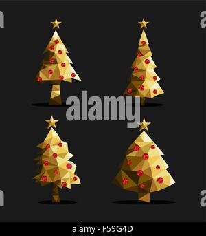 Ensemble d'arbres de pin noël polygone poly bas style triangle avec ornements de Noël et l'étoile sur le dessus en couleur or métallique. Illustration de Vecteur