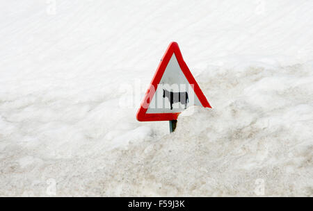 Signe de la circulation couvert par beaucoup de neige, le nord de l'Espagne Banque D'Images
